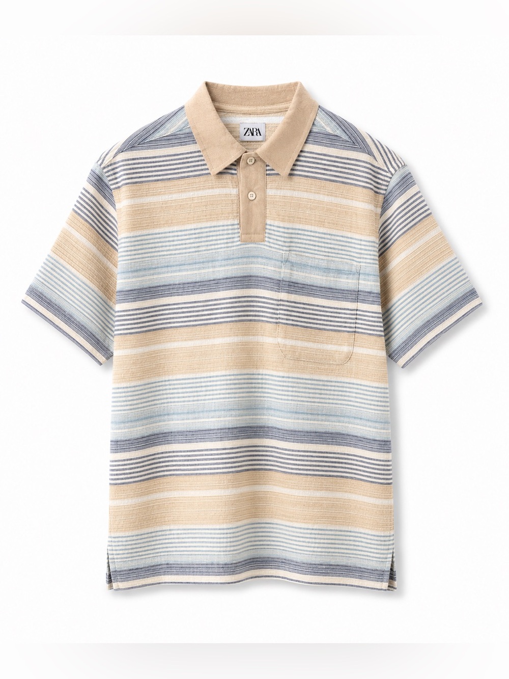 Zara Men's Beige and Blue Striped Polo